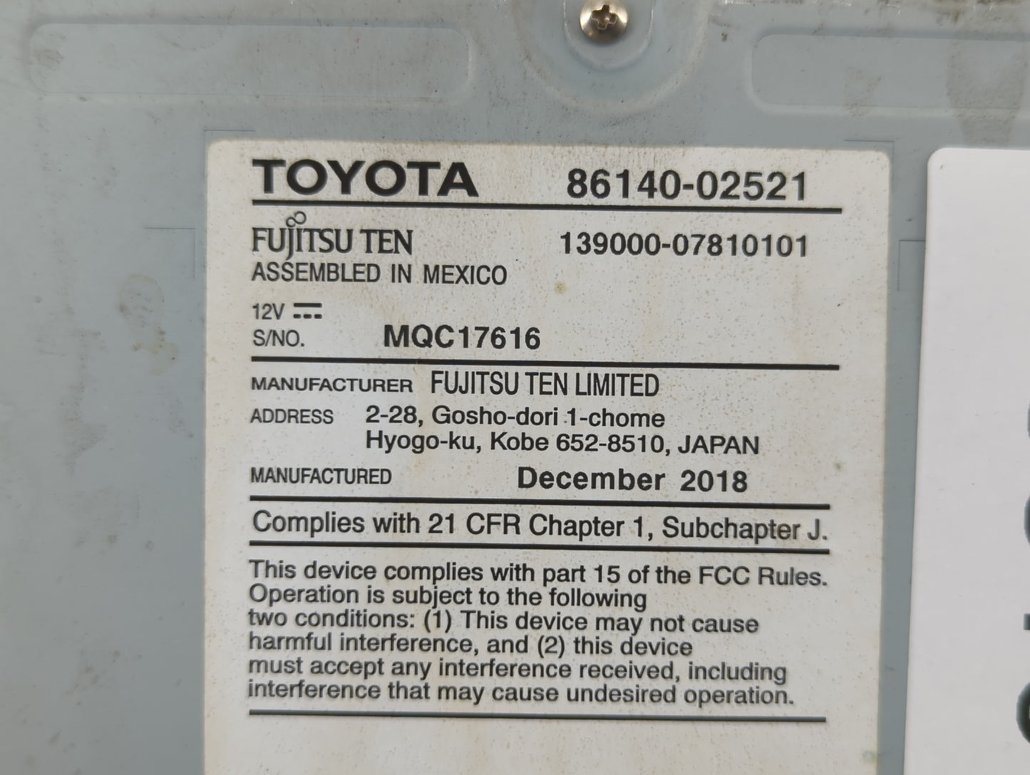 2017-2019 Toyota Corolla Am Fm Cd Player Radio Receiver - Oemusedautoparts1.com