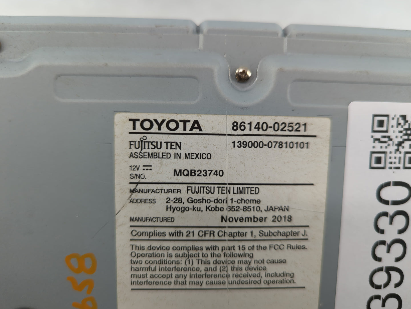2017-2019 Toyota Corolla Radio AM FM Cd Player Receiver Replacement P/N:86140-02521 Fits Fits 2017 2018 2019 OEM Used Auto P