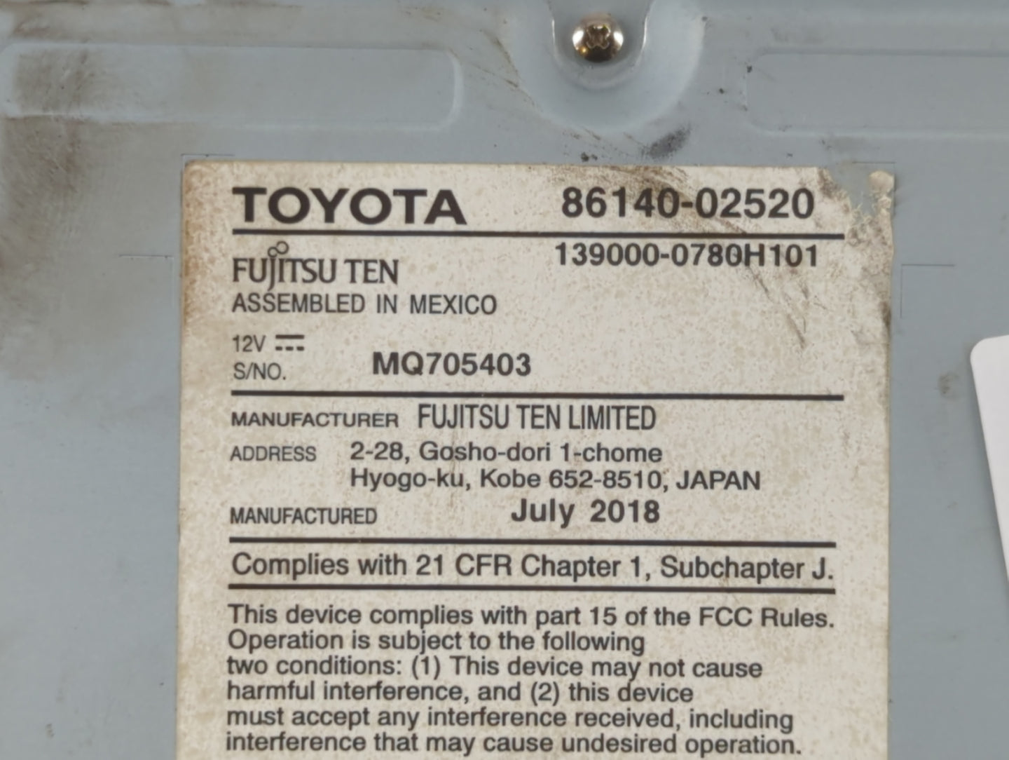 2017-2019 Toyota Corolla Am Fm Cd Player Radio Receiver - Oemusedautoparts1.com
