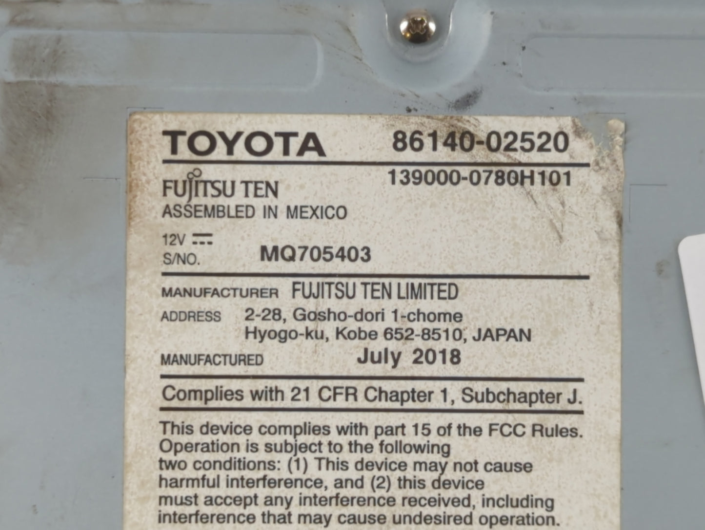 2017-2019 Toyota Corolla Am Fm Cd Player Radio Receiver - Oemusedautoparts1.com