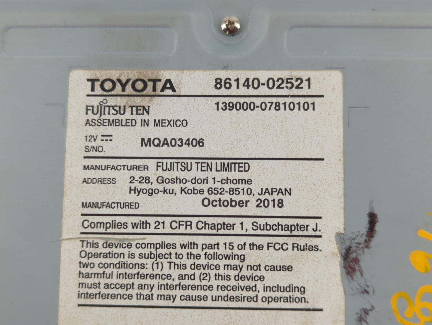 2017-2019 Toyota Corolla Radio AM FM Cd Player Receiver Replacement P/N:86140-02521 Fits Fits 2017 2018 2019 OEM Used Auto P