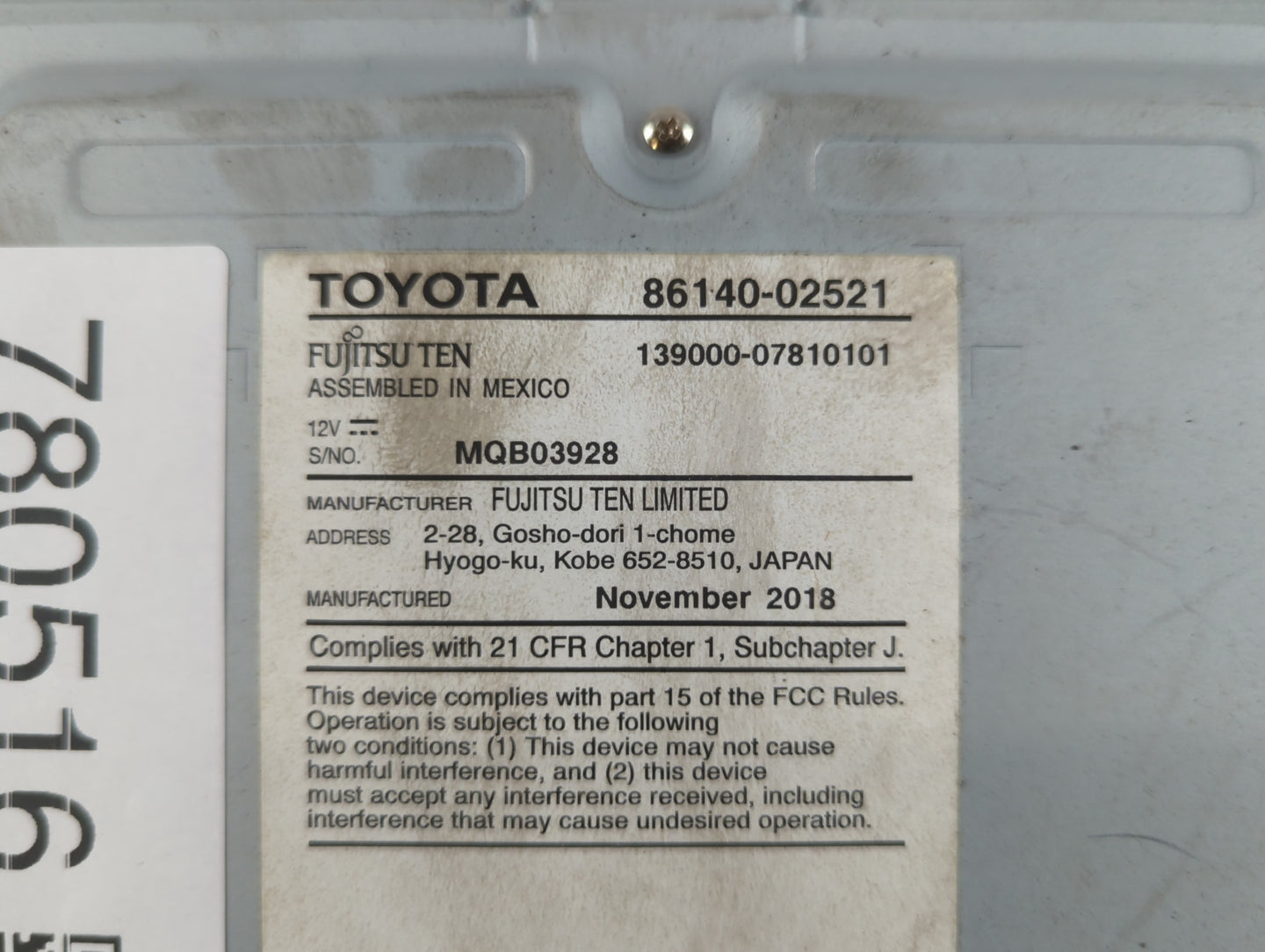 2017-2019 Toyota Corolla Radio AM FM Cd Player Receiver Replacement P/N:86140-02521 Fits Fits 2017 2018 2019 OEM Used Auto P