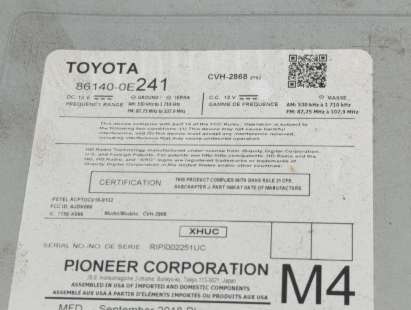 2017-2019 Toyota Highlander Radio AM FM Cd Player Receiver Replacement P/N:86140-0E241 Fits Fits 2017 2018 2019 OEM Used Aut