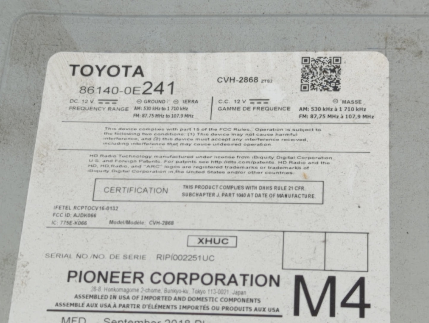 2017-2019 Toyota Highlander Radio AM FM Cd Player Receiver Replacement P/N:86140-0E241 Fits Fits 2017 2018 2019 OEM Used Aut