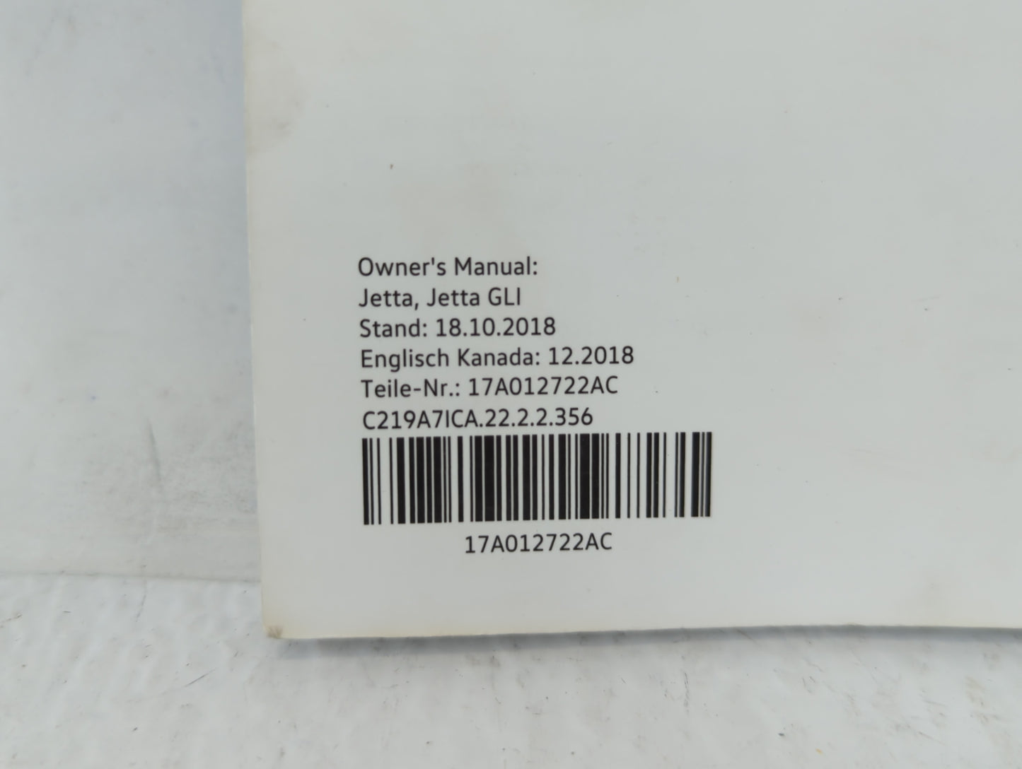 2019 Volkswagen Jetta Owners Manual Book Guide P/N:17A012722AC OEM Used Auto Parts - Oemusedautoparts1.com