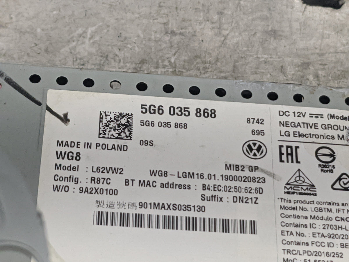 2018-2020 Volkswagen Tiguan Radio AM FM Cd Player Receiver Replacement P/N:5G6035868 L62VW2 Fits Fits 2018 2019 2020 OEM Use