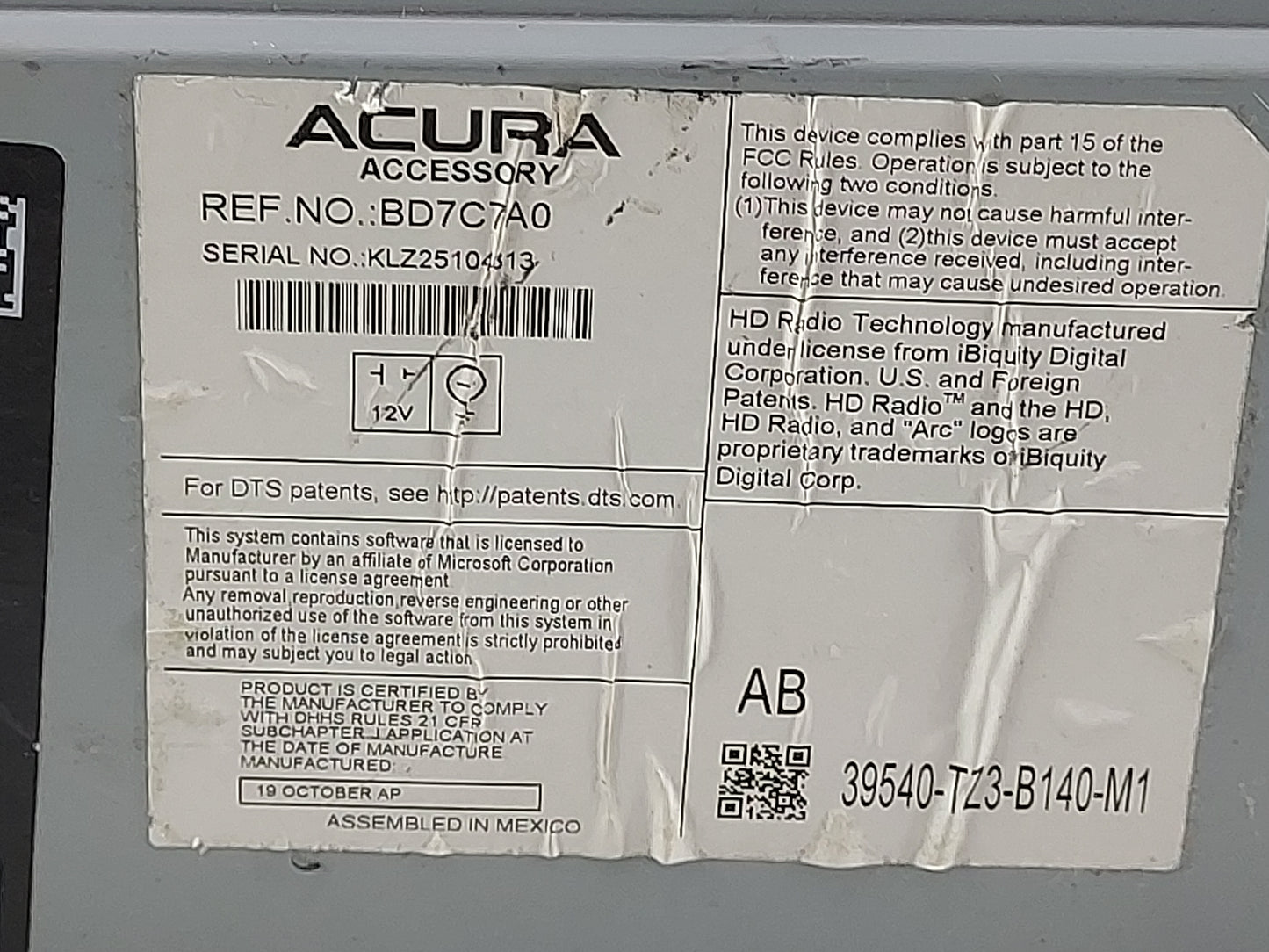 2020 Acura Tlx Radio AM FM Cd Player Receiver Replacement P/N:39540-TZ3-B140-M1 BD7C7A0 Fits OEM Used Auto Parts - Oemusedau
