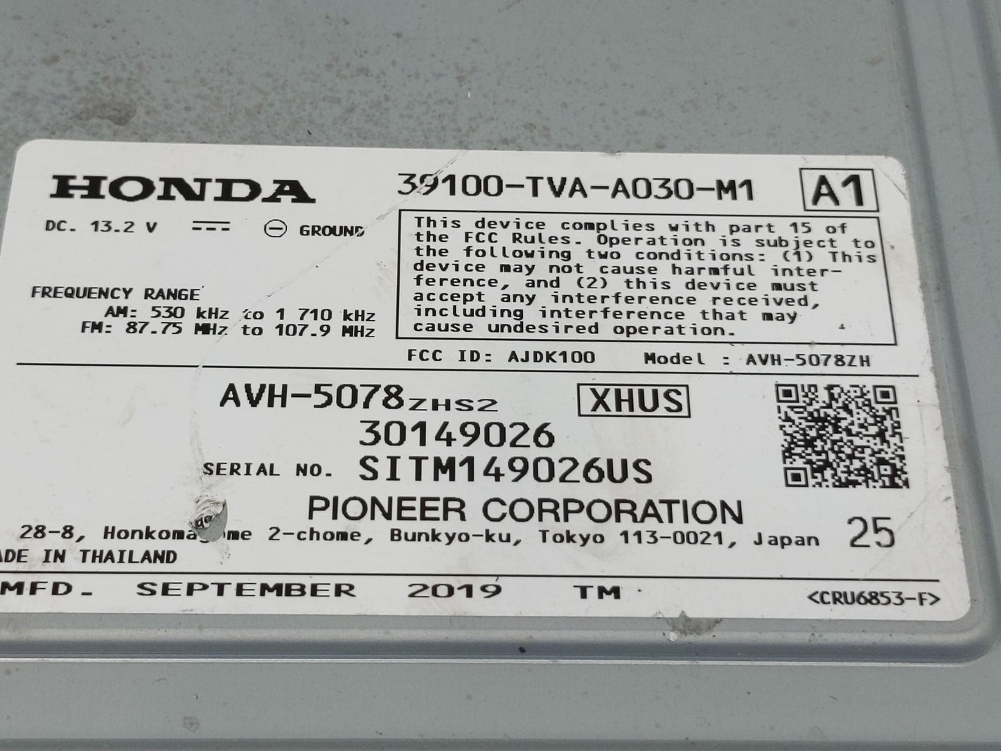 2018-2020 Honda Accord Radio AM FM Cd Player Receiver Replacement P/N:39100-TVA-A030-M1 Fits Fits 2018 2019 2020 OEM Used Au