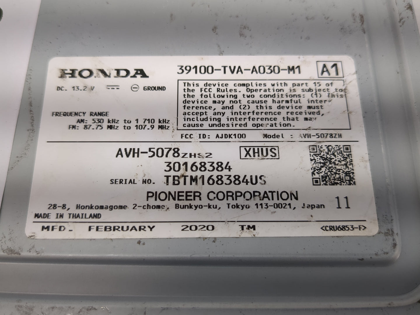 2018-2020 Honda Accord Radio AM FM Cd Player Receiver Replacement P/N:39100-TVA-A030-M1 Fits Fits 2018 2019 2020 OEM Used Au