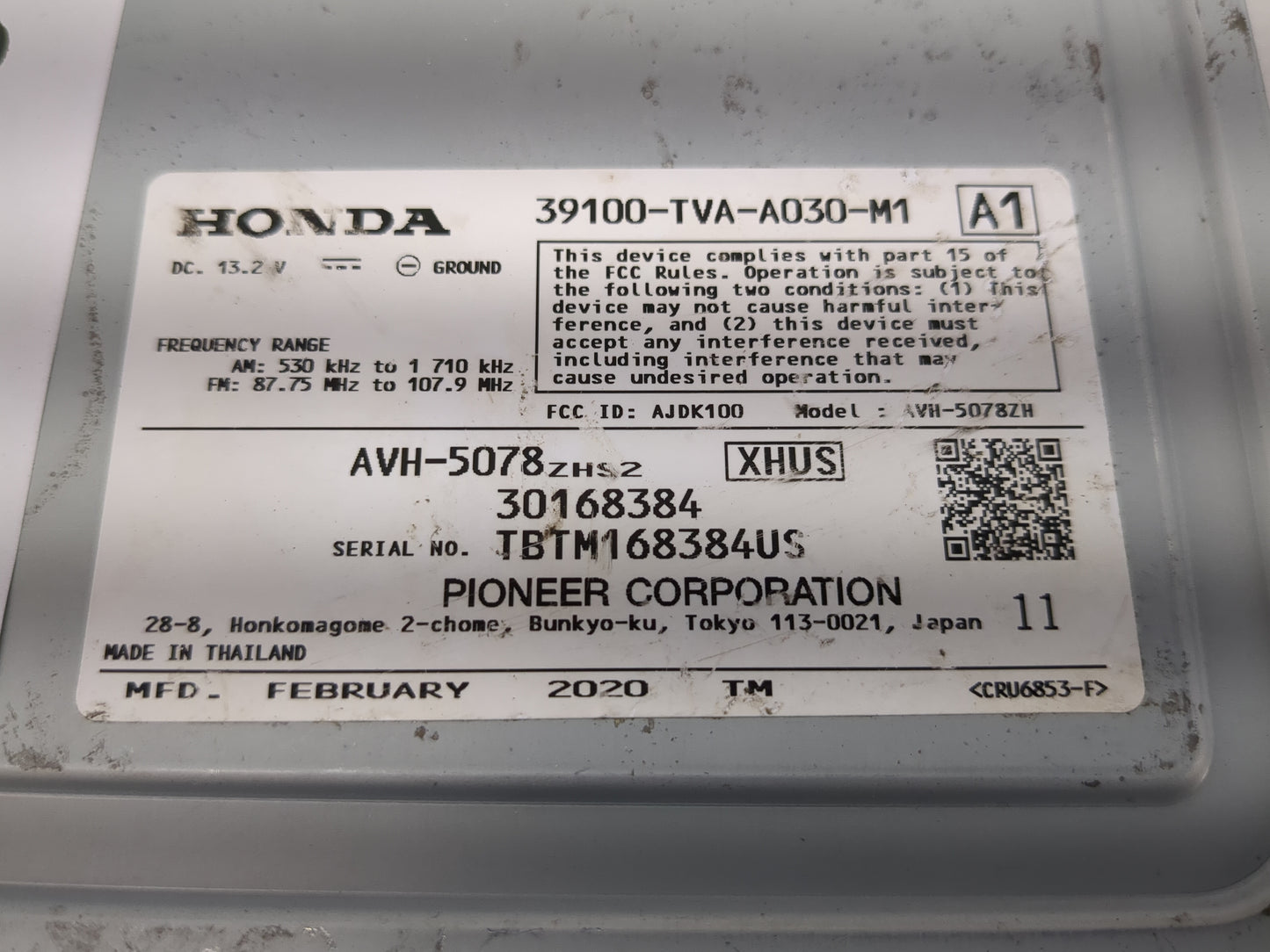 2018-2020 Honda Accord Radio AM FM Cd Player Receiver Replacement P/N:39100-TVA-A030-M1 Fits Fits 2018 2019 2020 OEM Used Au