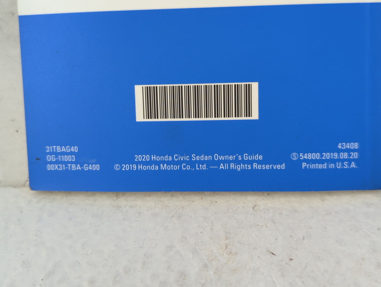 2020 Honda Civic Owners Manual Book Guide P/N:000X31-TBA-G400 OEM Used Auto Parts - Oemusedautoparts1.com