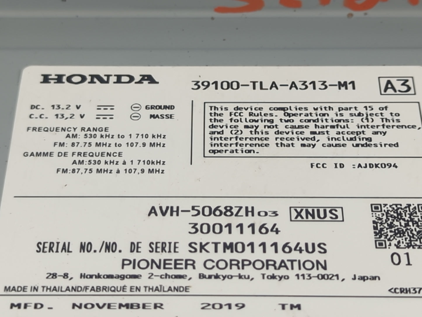 2018-2021 Honda Cr-V Radio AM FM Cd Player Receiver Replacement P/N:39100-TLA-A313-M1 AVH-5068ZH Fits Fits 2018 2019 2020 20