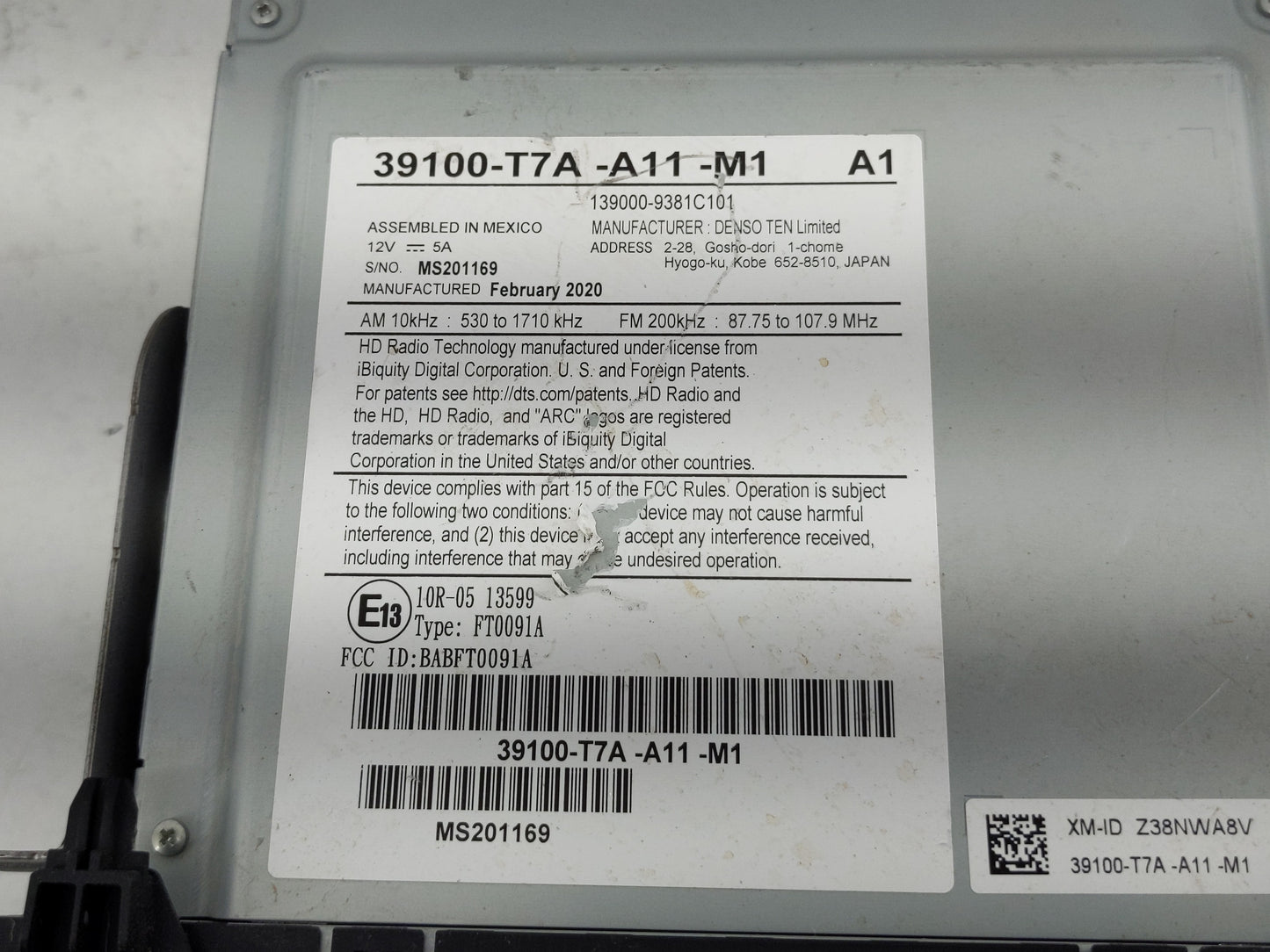 2020 Honda Hr-V Radio AM FM Cd Player Receiver Replacement P/N:39100-T7A-A11-M1 Fits OEM Used Auto Parts - Oemusedautoparts1