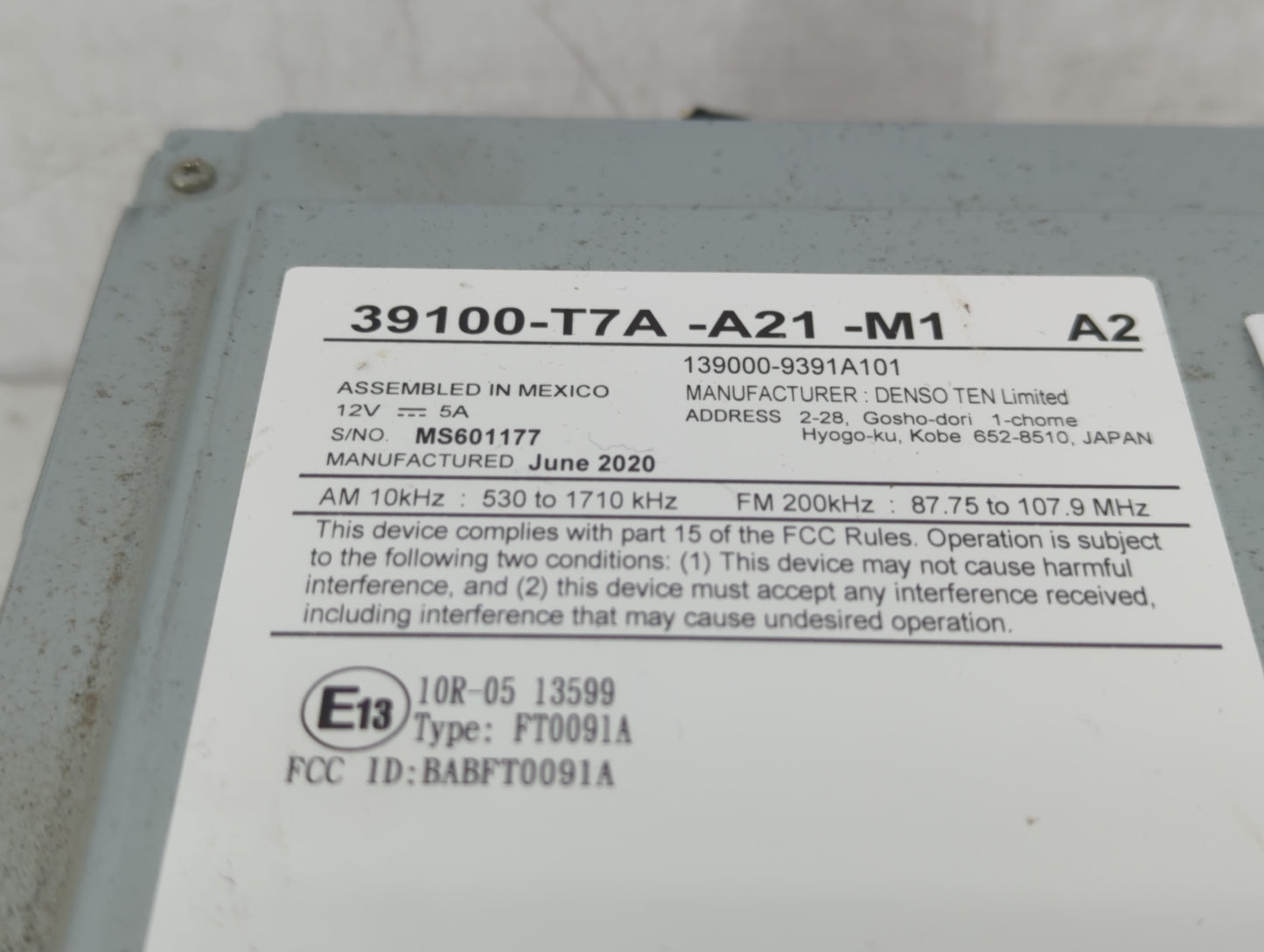 2019-2022 Honda Hr-V Radio AM FM Cd Player Receiver Replacement P/N:39100-T7A-A21-M1 Fits Fits 2019 2020 2021 2022 OEM Used 