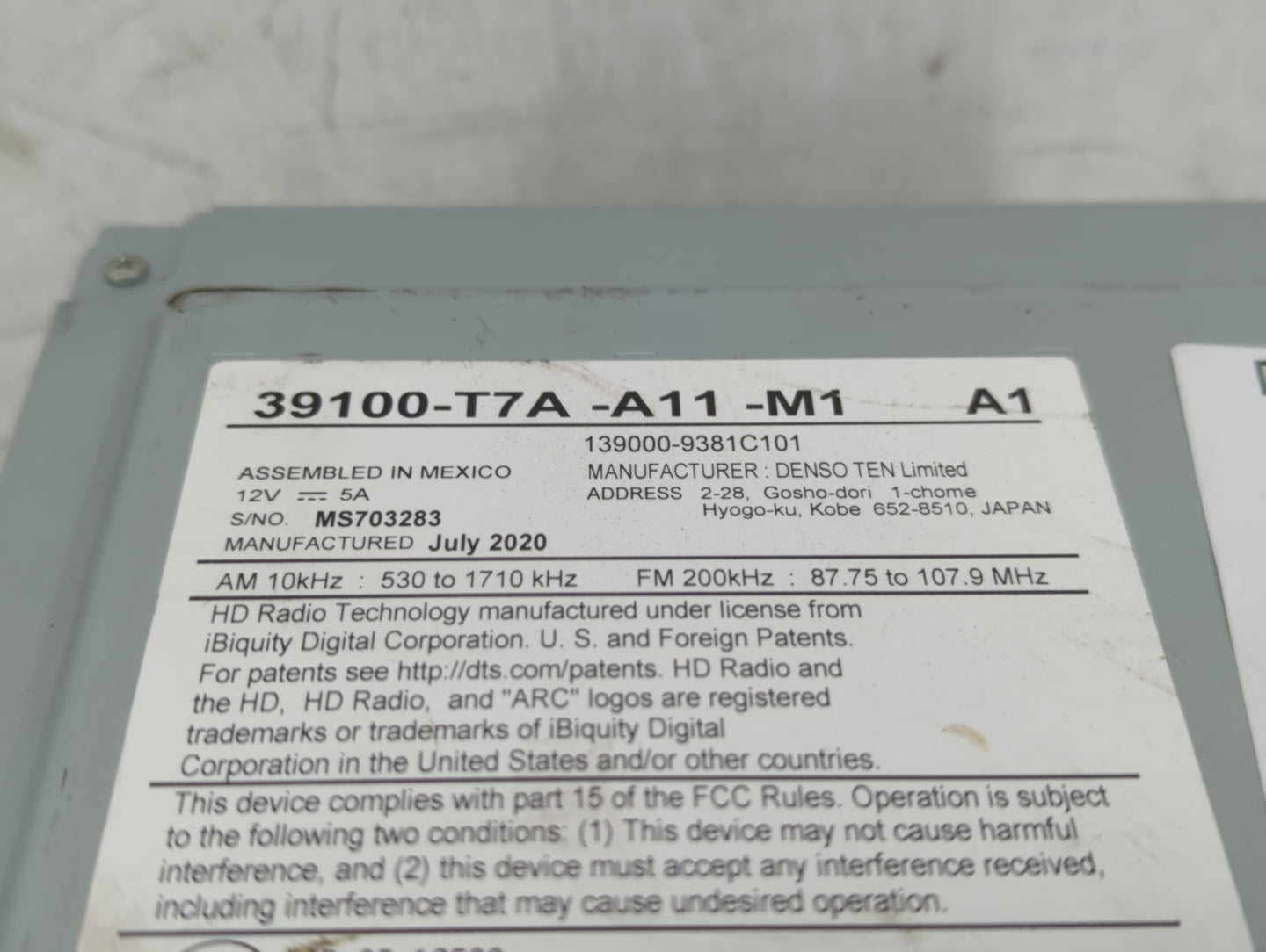 2019-2022 Honda Hr-V Radio AM FM Cd Player Receiver Replacement P/N:39100-T7A-A11-M1 Fits Fits 2019 2020 2021 2022 OEM Used 