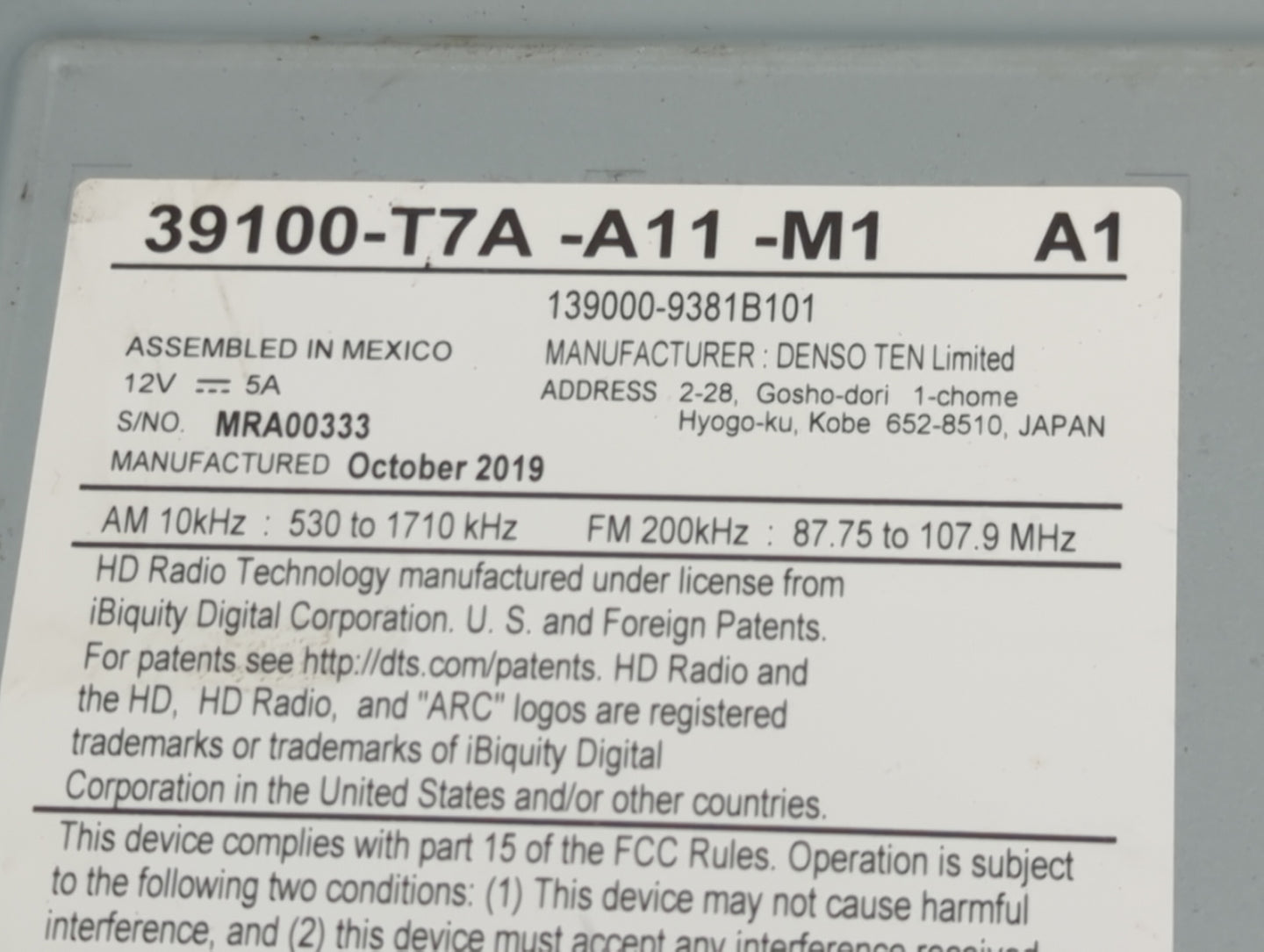2019-2022 Honda Hr-V Radio AM FM Cd Player Receiver Replacement P/N:39100-T7A-A11-M1 139000-9381B101 Fits Fits 2019 2020 202