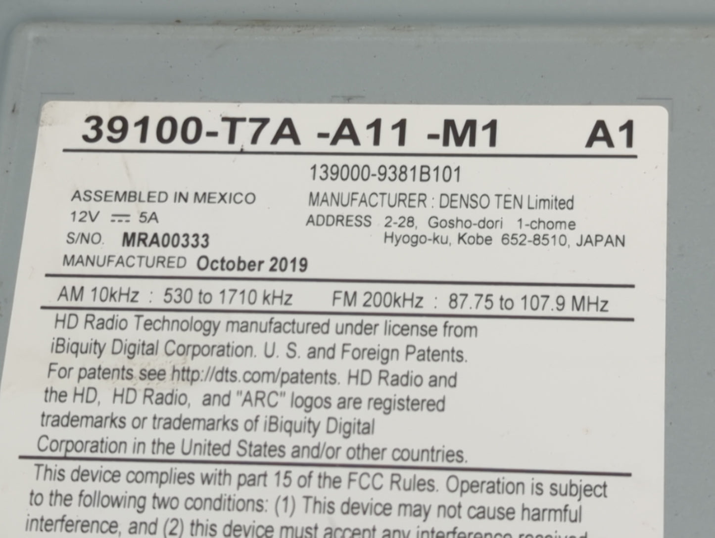 2019-2022 Honda Hr-V Radio AM FM Cd Player Receiver Replacement P/N:39100-T7A-A11-M1 139000-9381B101 Fits Fits 2019 2020 202