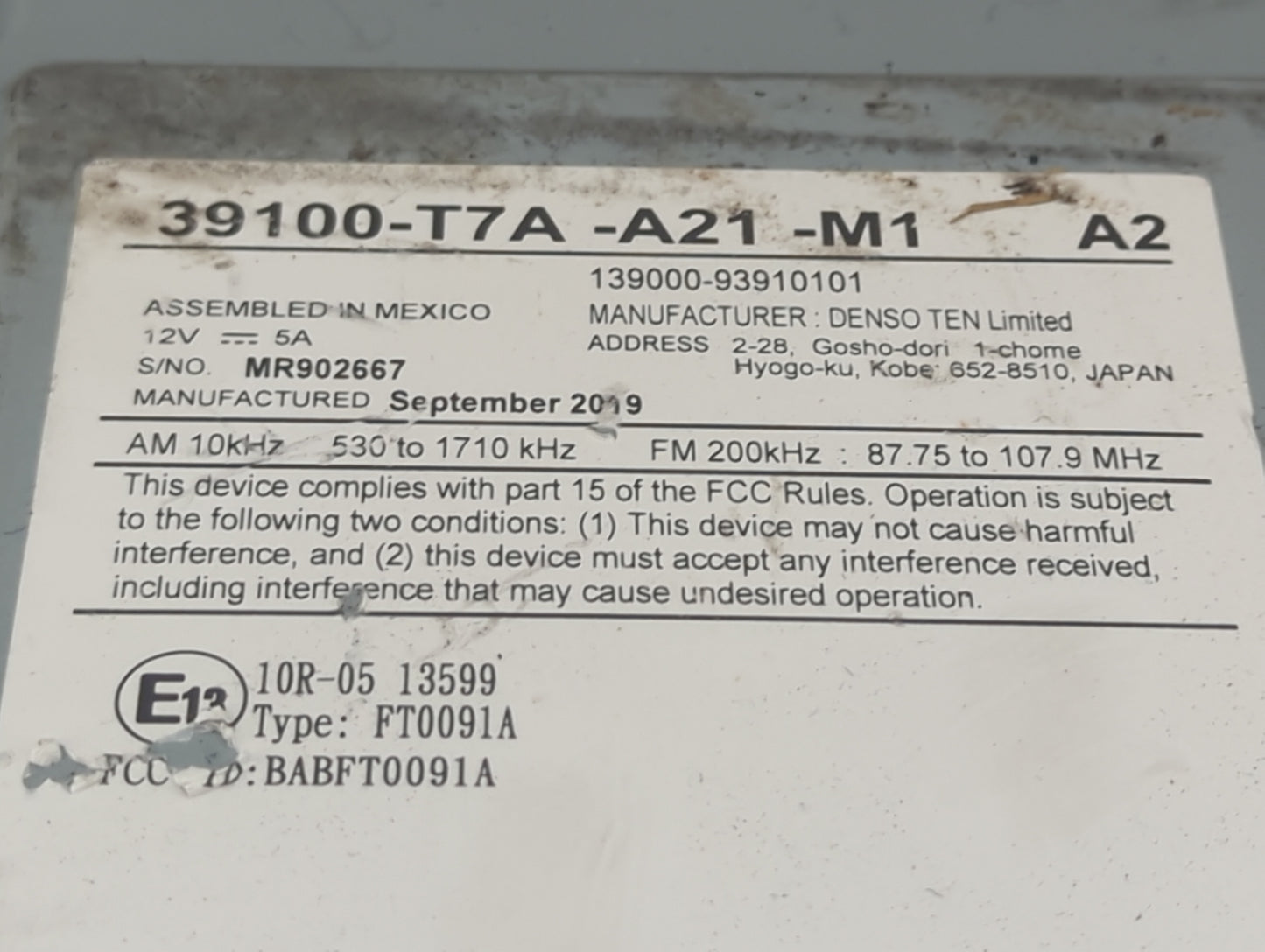 2019-2022 Honda Hr-V Radio AM FM Cd Player Receiver Replacement P/N:39100-T7A-A21-M1 139000-93910101 Fits Fits 2019 2020 202