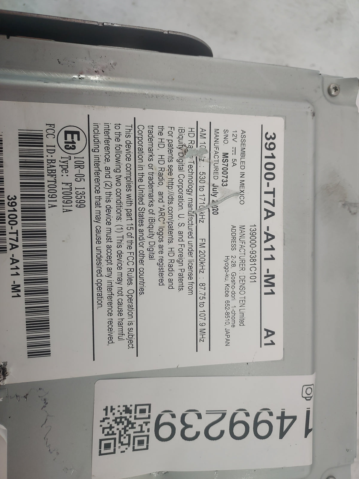 2019-2022 Honda Hr-V Radio AM FM Cd Player Receiver Replacement P/N:39100-T7A-A11-M1 139000-9381C101 Fits Fits 2019 2020 202