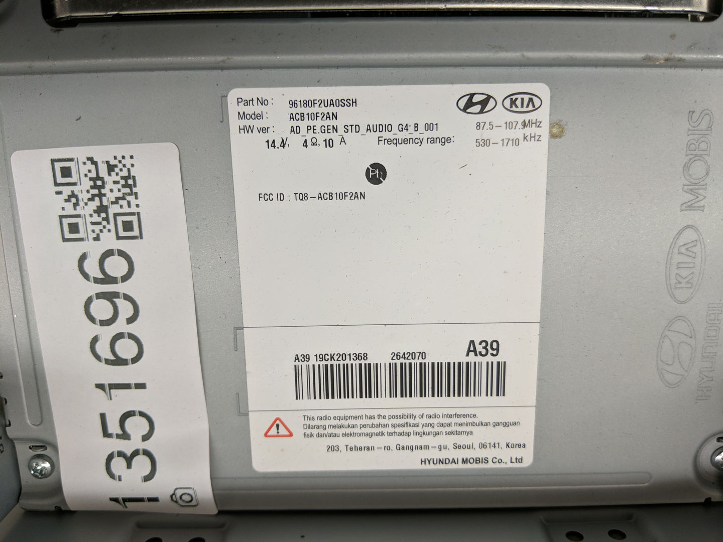 2019-2020 Hyundai Elantra Radio AM FM Cd Player Receiver Replacement P/N:96180F2UA0SSH Fits Fits 2019 2020 OEM Used Auto Par