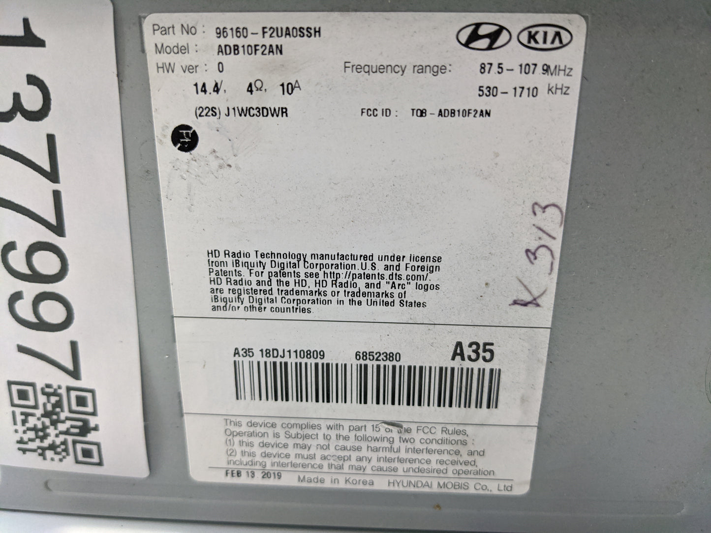 2019-2020 Hyundai Elantra Radio AM FM Cd Player Receiver Replacement P/N:96160-F2UA0SSH 96180F2UA0SSH Fits Fits 2019 2020 OE