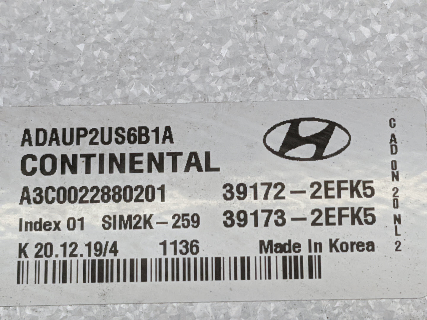 2020 Hyundai Elantra PCM Engine Control Computer ECU ECM PCU OEM P/N:39172-2EFK5 ADAUP2US6B1A, 39173-2EFK5 Fits OEM Used Aut