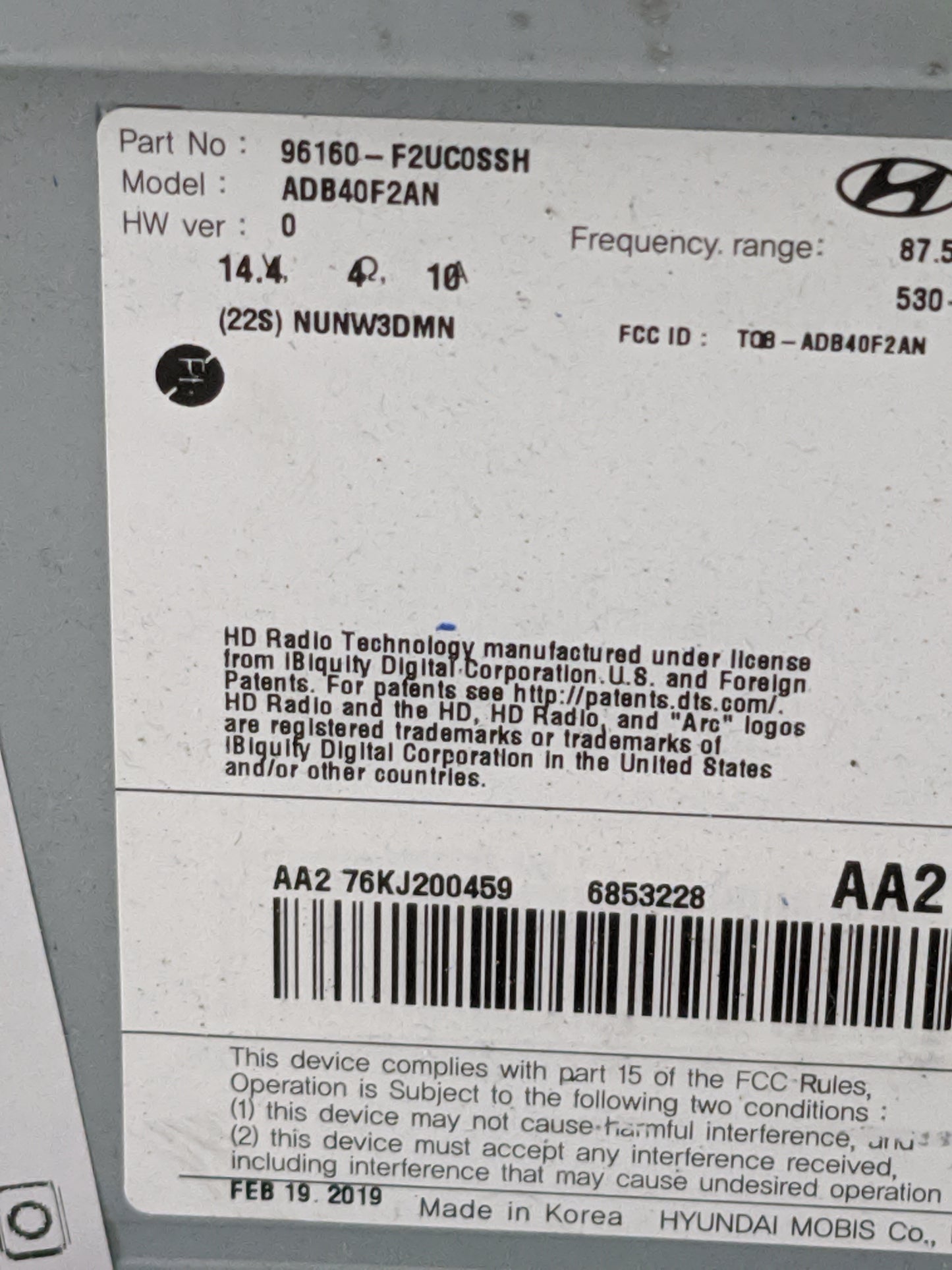 2019-2020 Hyundai Elantra Radio AM FM Cd Player Receiver Replacement P/N:96160-F2UC0SSH ADB40F2AN Fits Fits 2019 2020 OEM Us