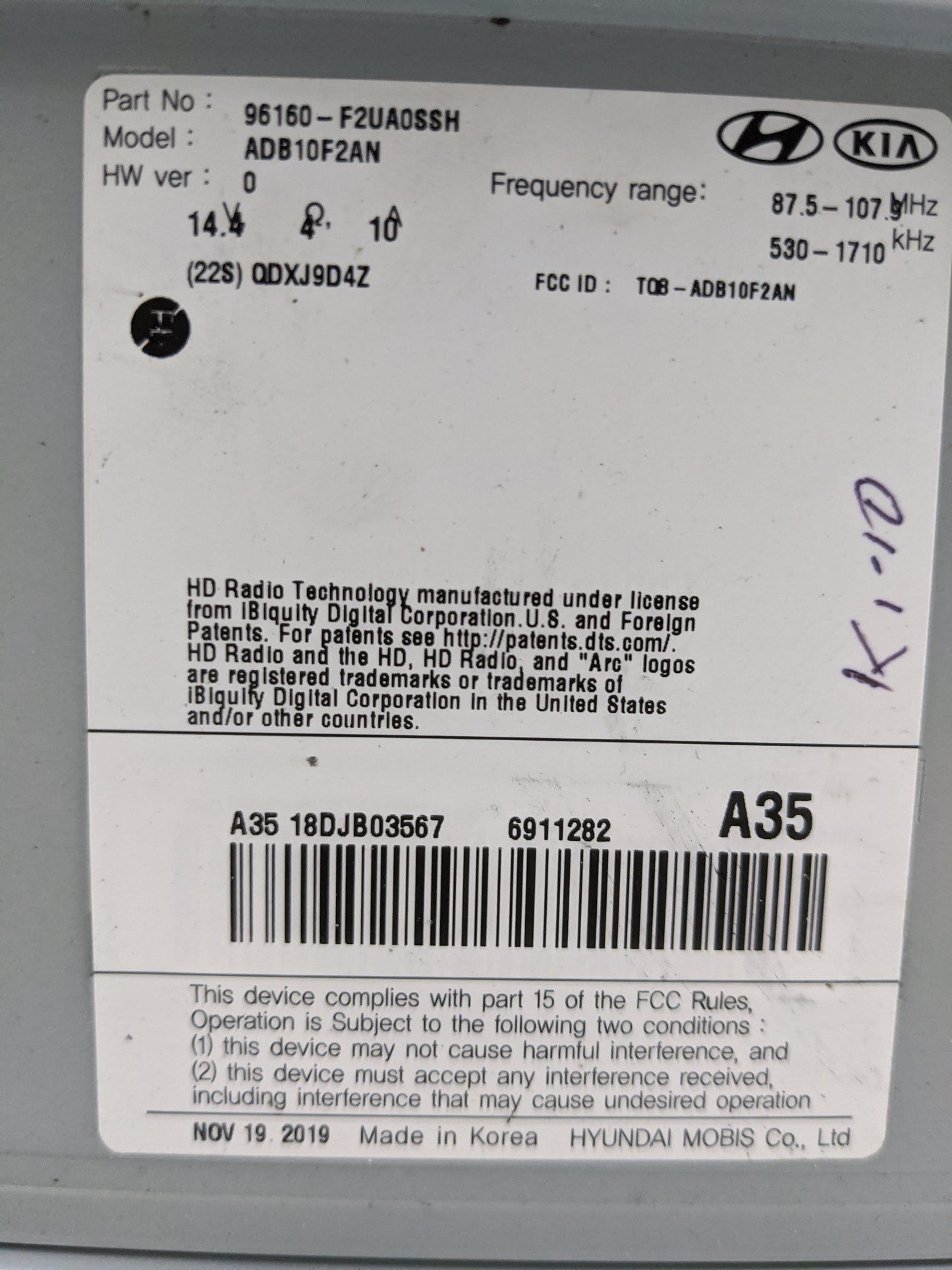 2019-2020 Hyundai Elantra Radio AM FM Cd Player Receiver Replacement P/N:96160-F2UA0SSH ADB10F2AN Fits Fits 2019 2020 OEM Us