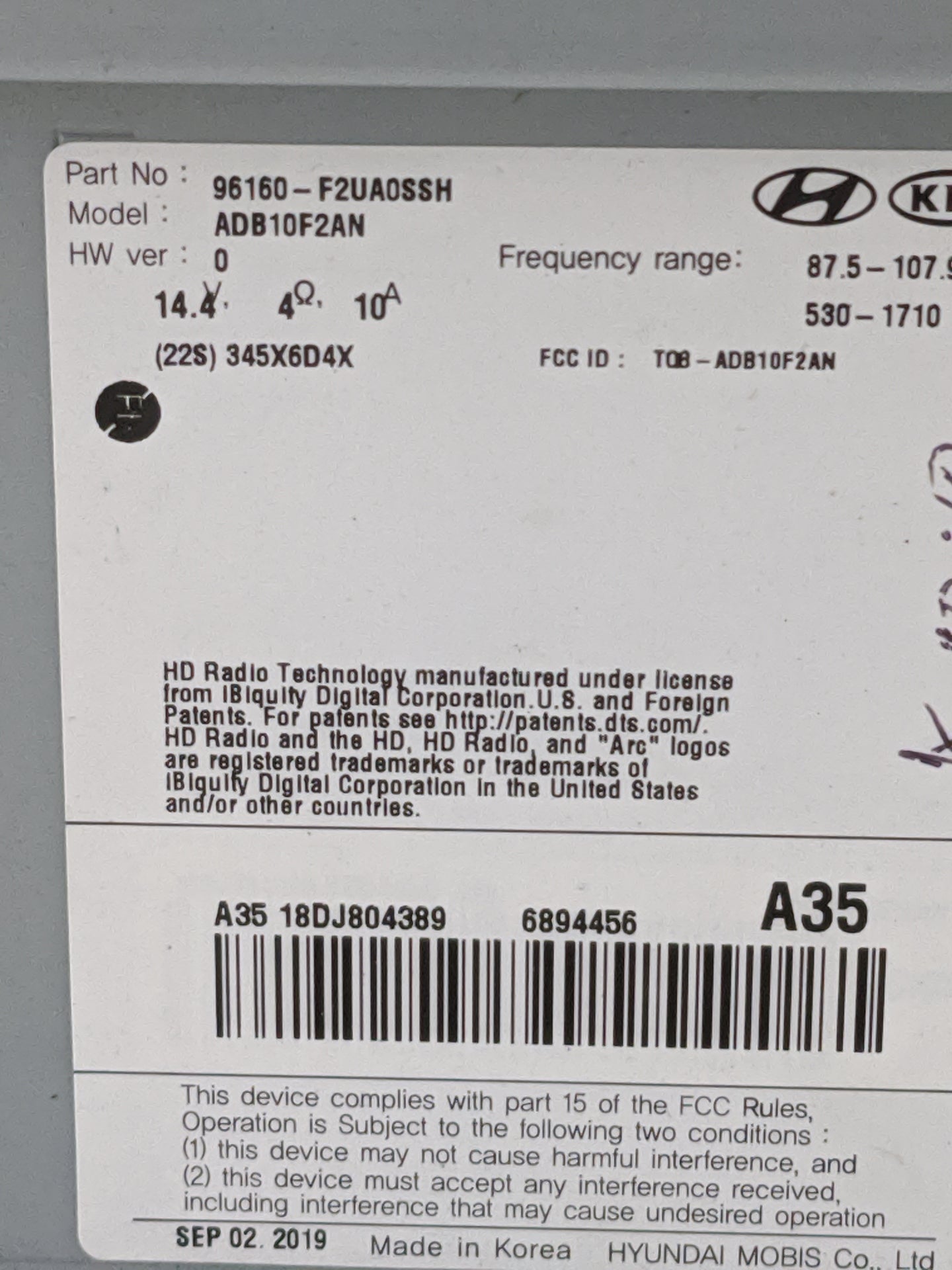 2019-2020 Hyundai Elantra Radio AM FM Cd Player Receiver Replacement P/N:96160-F2UA0SSH ADB10F2AN Fits Fits 2019 2020 OEM Us