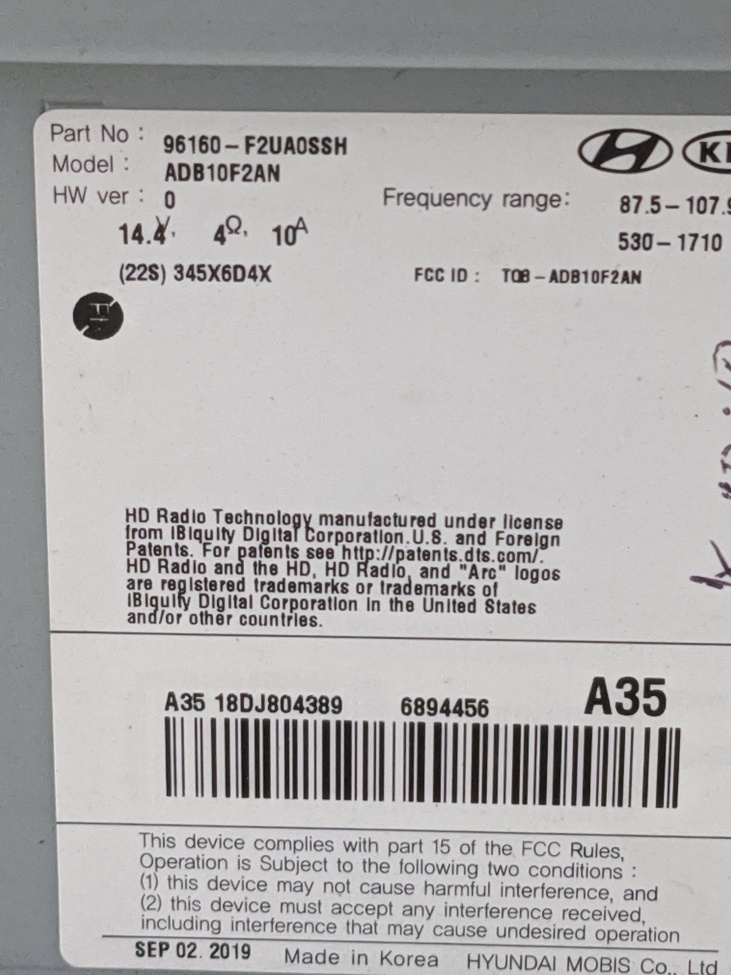 2019-2020 Hyundai Elantra Radio AM FM Cd Player Receiver Replacement P/N:96160-F2UA0SSH ADB10F2AN Fits Fits 2019 2020 OEM Us