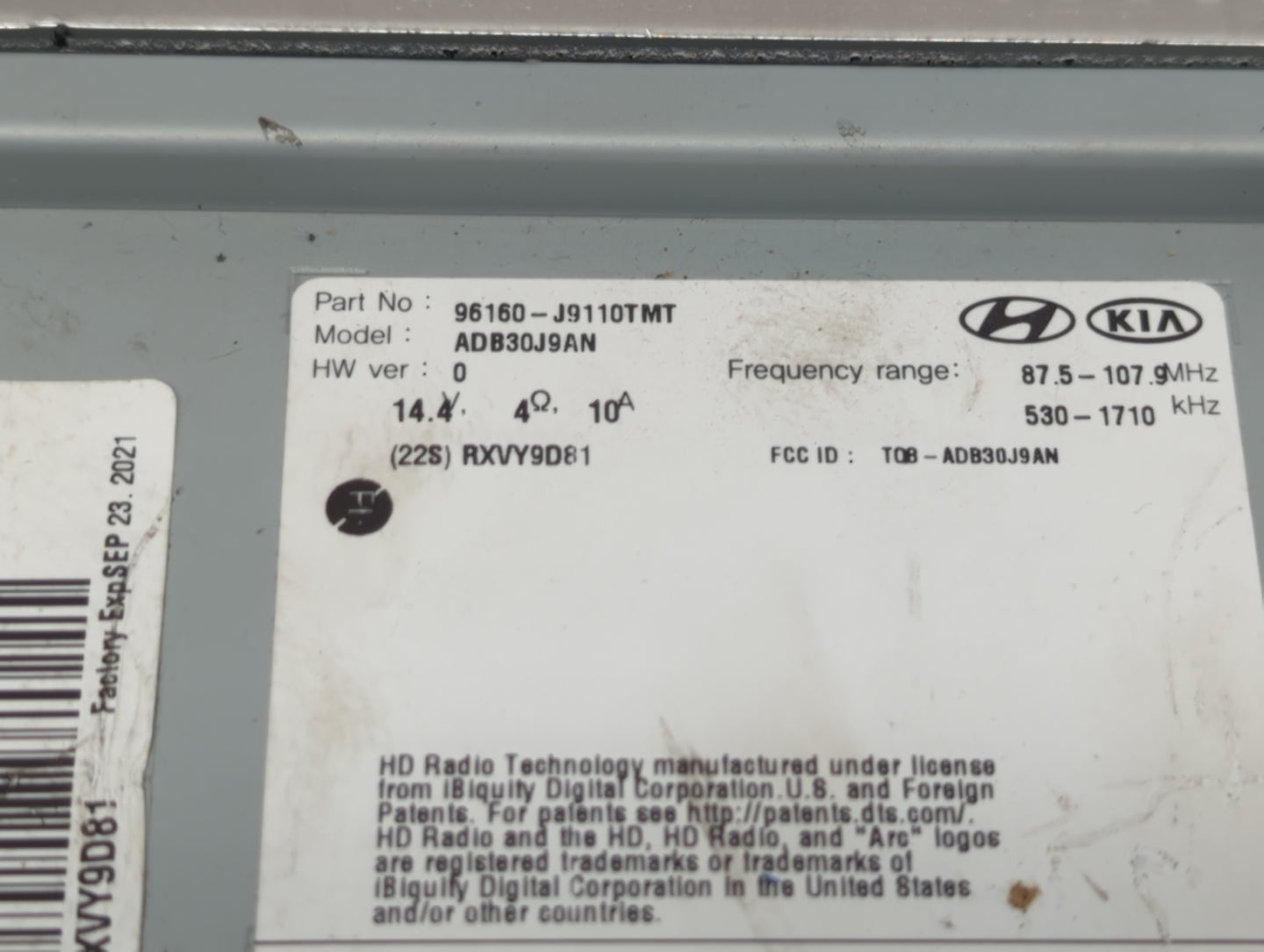 2018-2021 Hyundai Kona Radio AM FM Cd Player Receiver Replacement P/N:96160-J9110TMT Fits Fits 2018 2019 2020 2021 OEM Used 