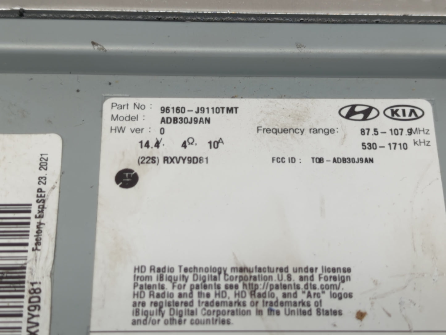 2018-2021 Hyundai Kona Radio AM FM Cd Player Receiver Replacement P/N:96160-J9110TMT Fits Fits 2018 2019 2020 2021 OEM Used 