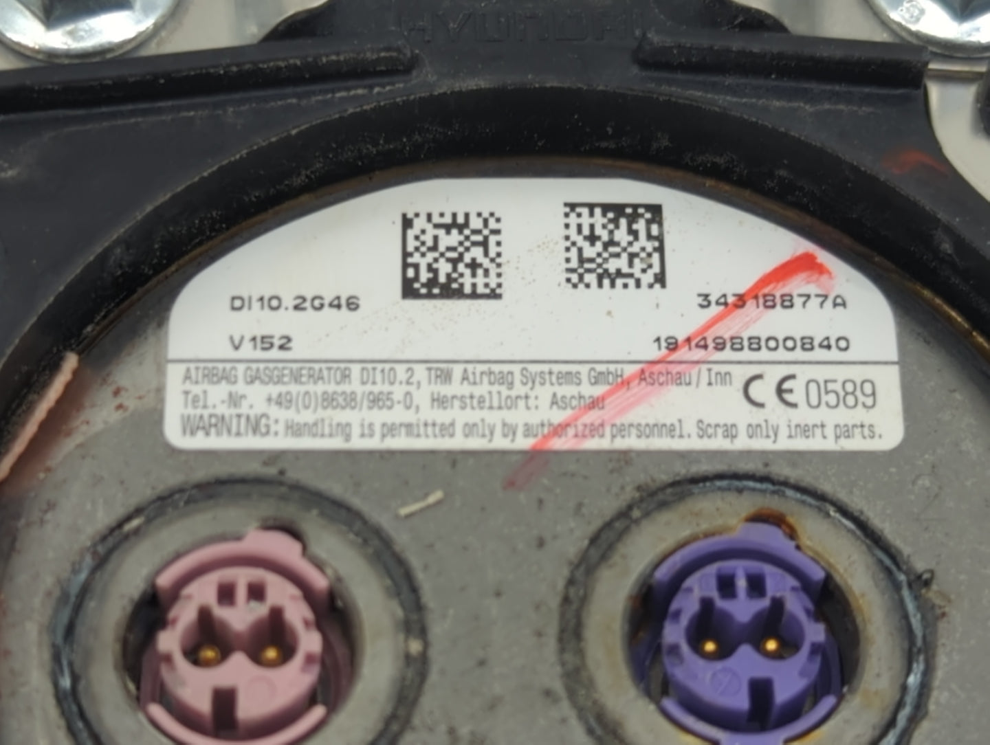 2020 Hyundai Kona Air Bag Driver Left Steering Wheel Mounted P/N:DI10.2G46 34318877A, 191498800840, V152 Fits OEM Used Auto 