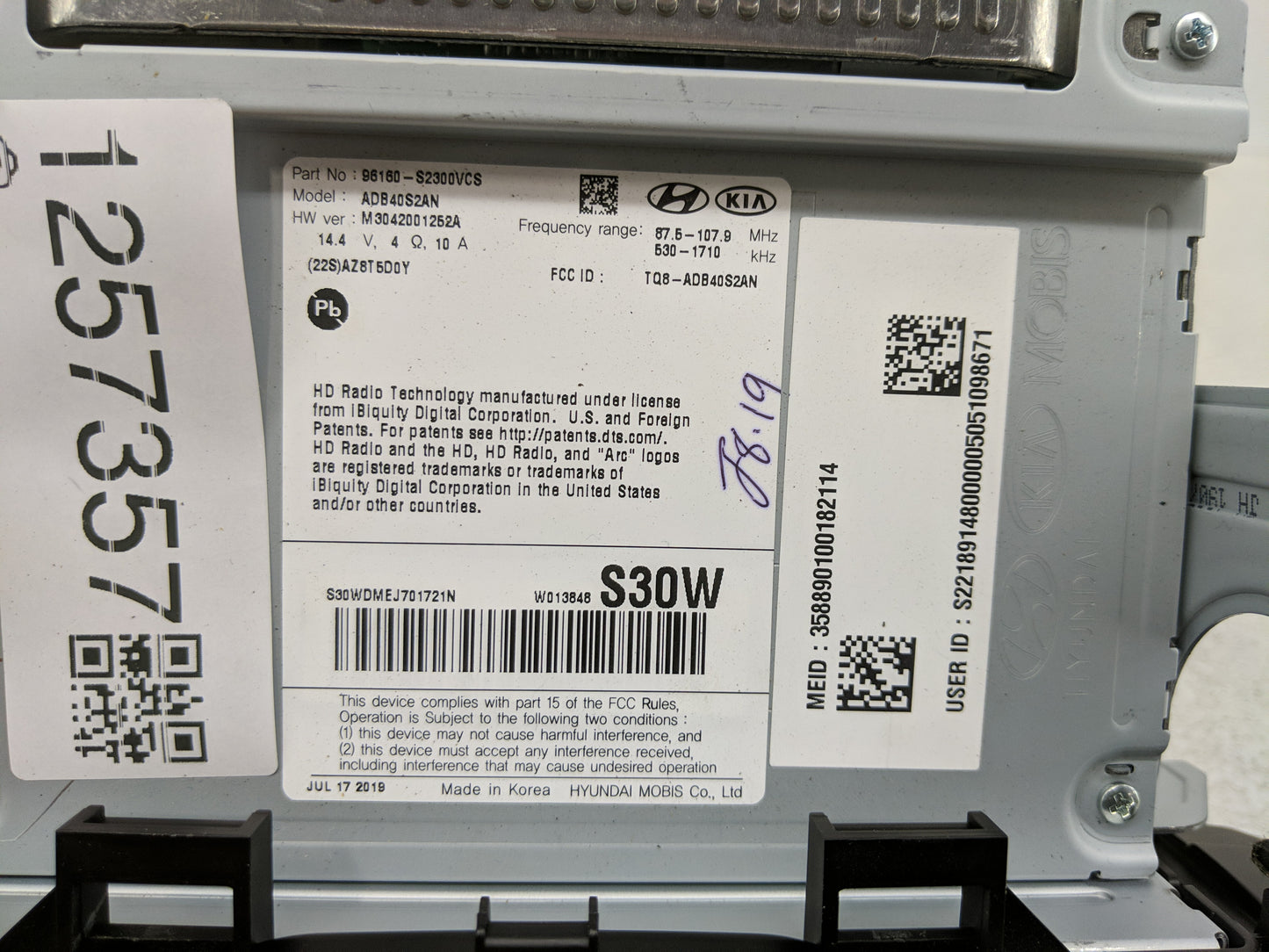 2019-2020 Hyundai Santa Fe Radio AM FM Cd Player Receiver Replacement P/N:96160-S2300VCS Fits Fits 2019 2020 OEM Used Auto P