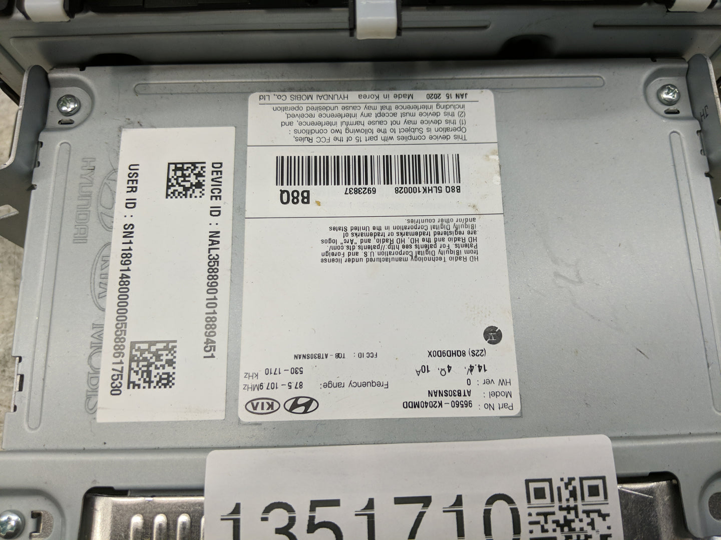 2020 Hyundai Venue Radio AM FM Cd Player Receiver Replacement P/N:96560-K2040MDD Fits OEM Used Auto Parts - Oemusedautoparts
