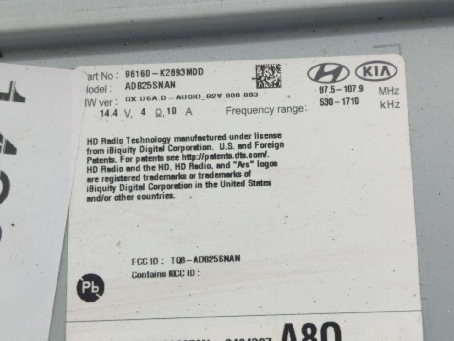 2020 Hyundai Venue Radio AM FM Cd Player Receiver Replacement P/N:96160-K2893MDD Fits OEM Used Auto Parts - Oemusedautoparts