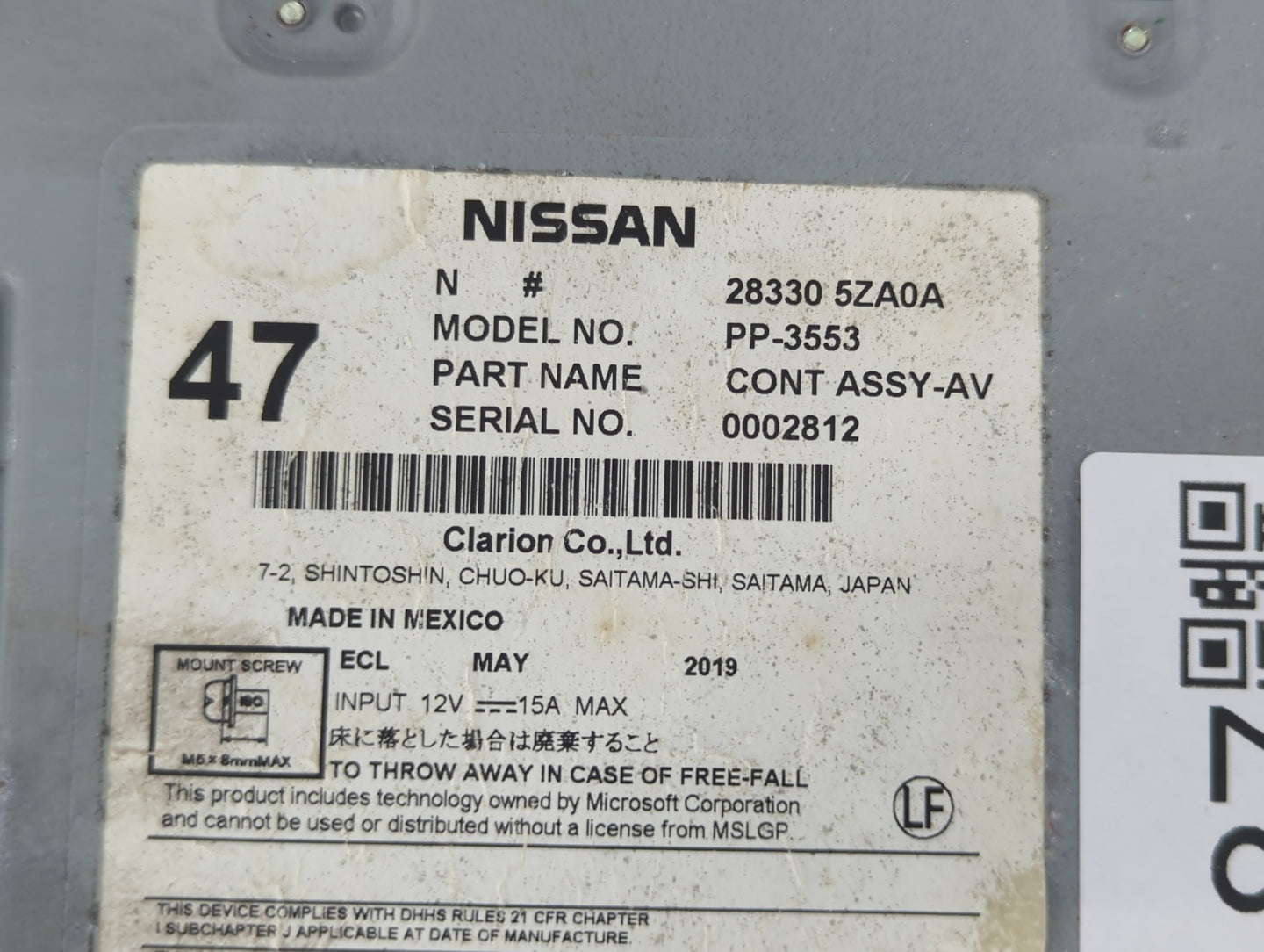2017-2020 Infiniti Qx60 Radio AM FM Cd Player Receiver Replacement P/N:28330 5ZA0A Fits Fits 2017 2018 2019 2020 OEM Used Au