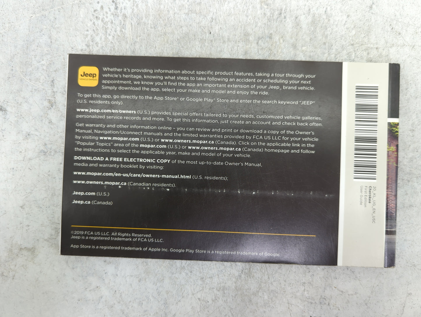 2020 Jeep Cherokee Owners Manual Book Guide P/N:20_KL_UG_EN_USC OEM Used Auto Parts - Oemusedautoparts1.com