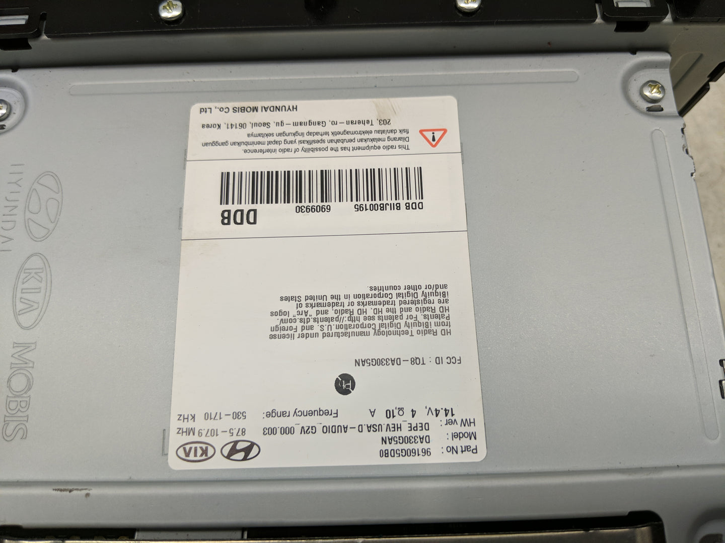 2020 Kia Niro Radio AM FM Cd Player Receiver Replacement P/N:96160G5DB0 Fits OEM Used Auto Parts - Oemusedautoparts1.com