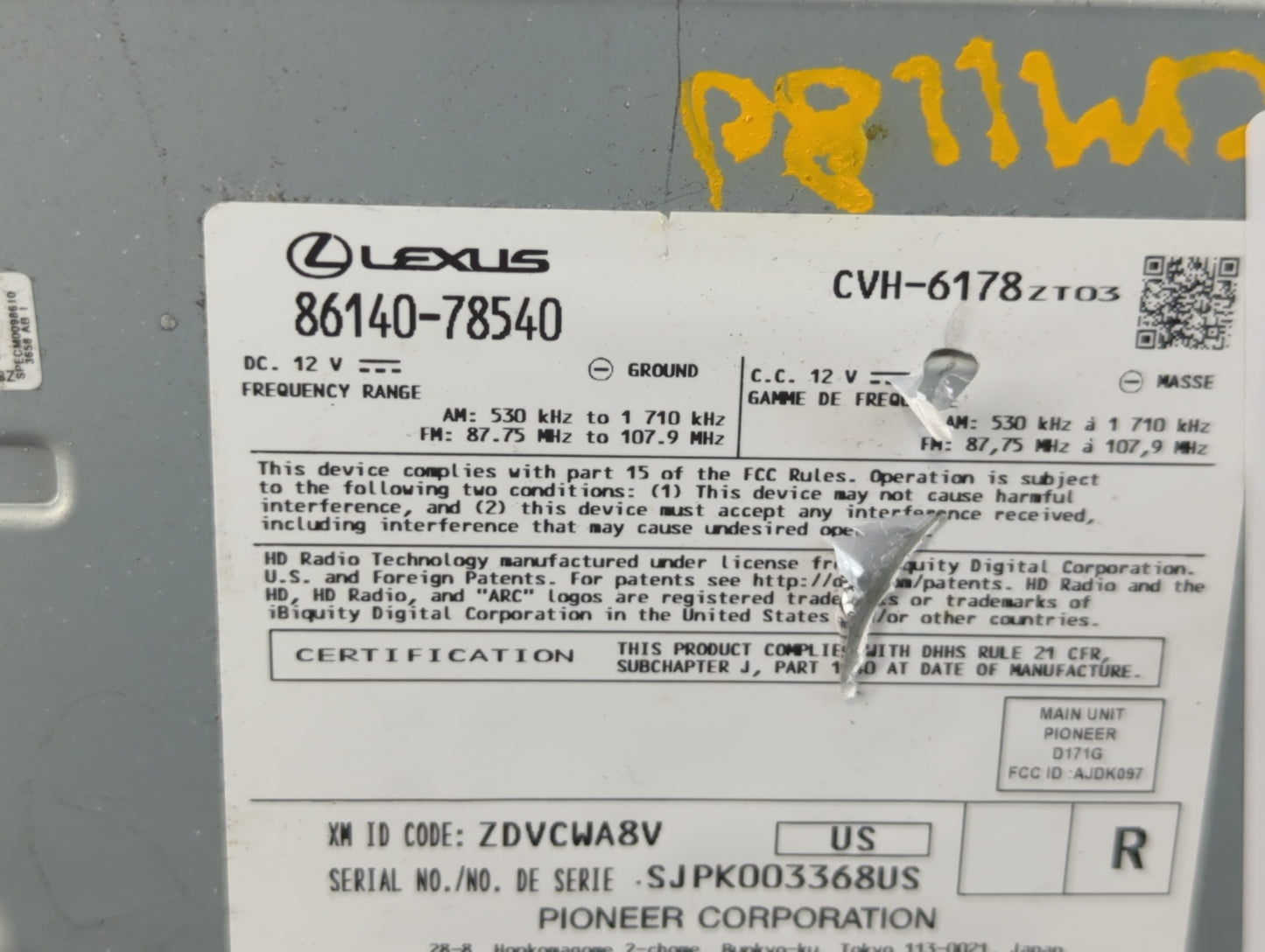 2020-2021 Lexus Nx300 Radio AM FM Cd Player Receiver Replacement P/N:86140-78540 Fits Fits 2020 2021 OEM Used Auto Parts - O