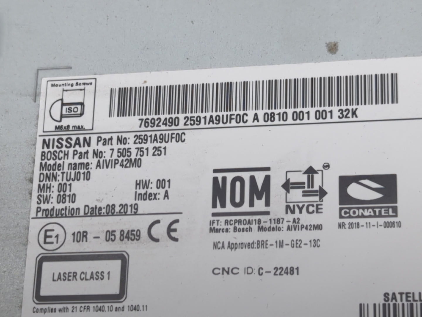 2019-2020 Nissan Murano Radio AM FM Cd Player Receiver Replacement P/N:2591A9UF0C Fits Fits 2019 2020 OEM Used Auto Parts - 