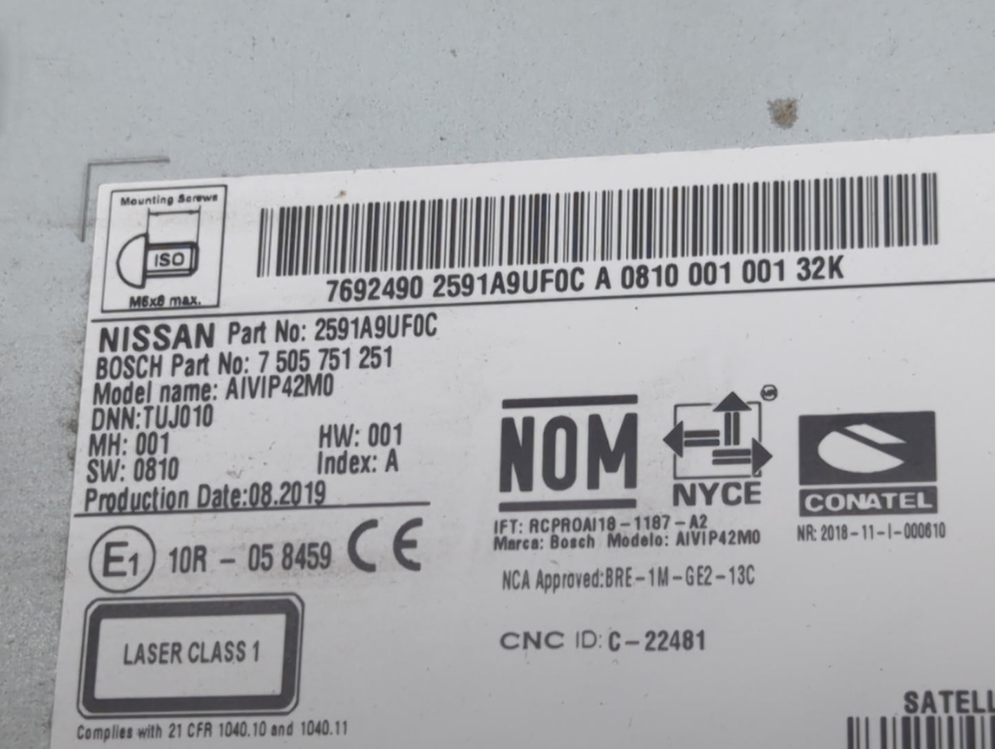 2019-2020 Nissan Murano Radio AM FM Cd Player Receiver Replacement P/N:2591A9UF0C Fits Fits 2019 2020 OEM Used Auto Parts - 