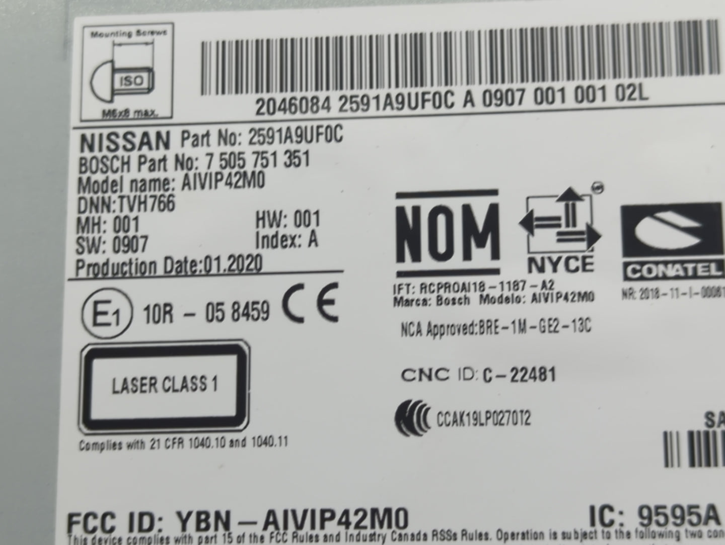 2019-2020 Nissan Murano Radio AM FM Cd Player Receiver Replacement P/N:7 505 751 351 2591A9UF0C Fits Fits 2019 2020 OEM Used