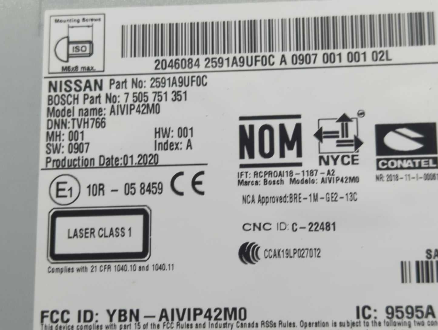 2019-2020 Nissan Murano Radio AM FM Cd Player Receiver Replacement P/N:7 505 751 351 2591A9UF0C Fits Fits 2019 2020 OEM Used