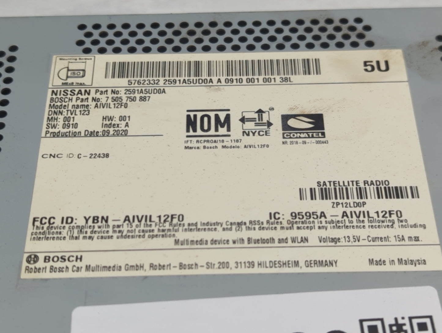 2017-2020 Nissan Pathfinder Radio AM FM Cd Player Receiver Replacement P/N:2591A5UD0A Fits Fits 2017 2018 2019 2020 OEM Used