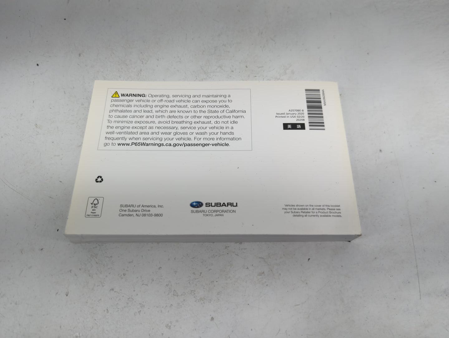 2020 Subaru Outback Owners Manual Book Guide P/N:A2570BE-B MSA5M2004A OEM Used Auto Parts - Oemusedautoparts1.com