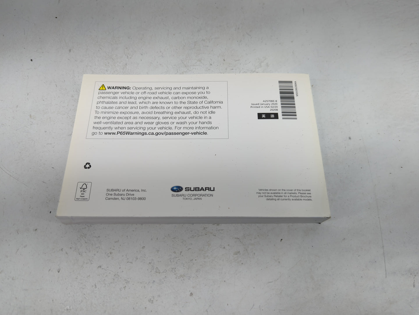 2020 Subaru Outback Owners Manual Book Guide P/N:A2570BE-B MSA5M2004A OEM Used Auto Parts - Oemusedautoparts1.com
