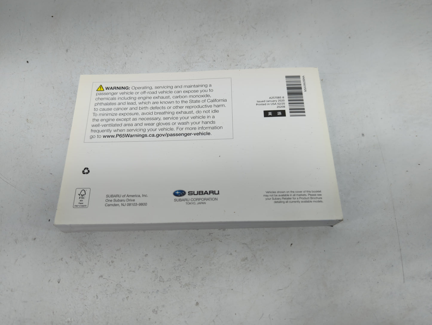 2020 Subaru Outback Owners Manual Book Guide P/N:A2570BE-B MSA5M2004A OEM Used Auto Parts - Oemusedautoparts1.com