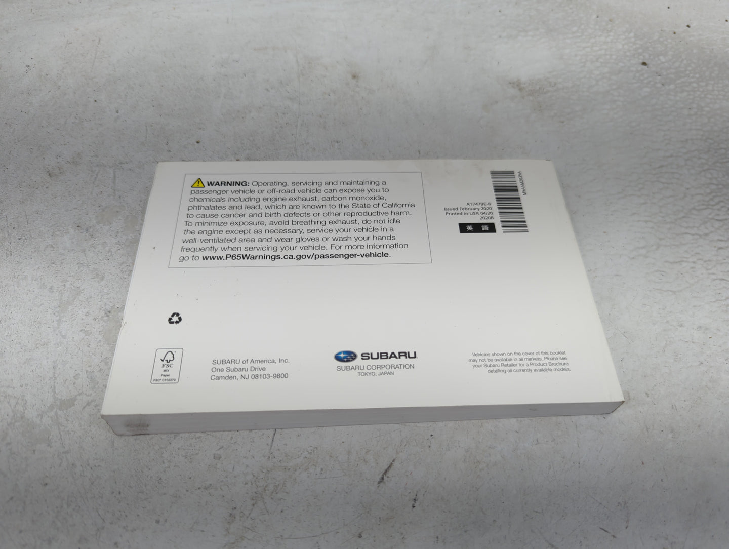 2020 Subaru Wrx Owners Manual Book Guide P/N:A1747BE-B OEM Used Auto Parts - Oemusedautoparts1.com
