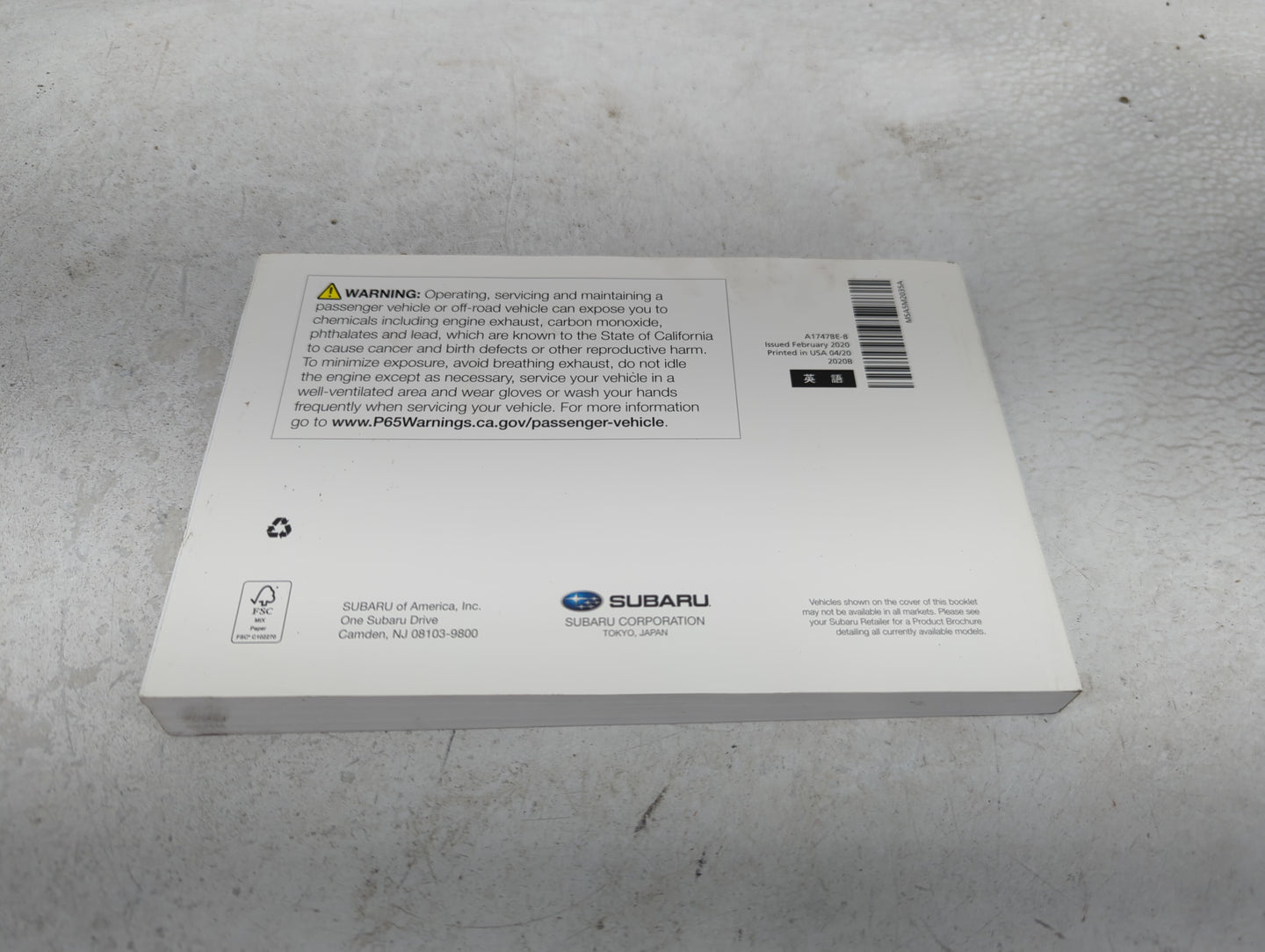 2020 Subaru Wrx Owners Manual Book Guide P/N:A1747BE-B OEM Used Auto Parts - Oemusedautoparts1.com